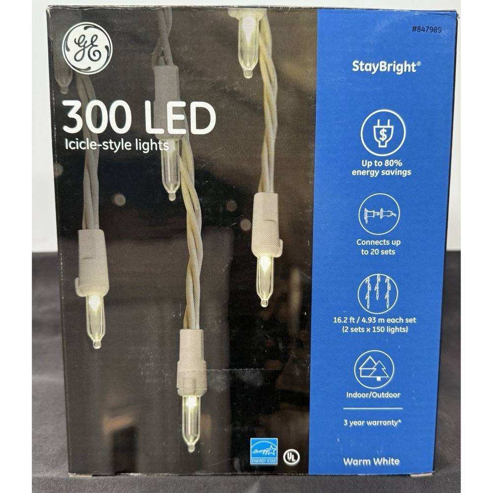 GE Icicle Lights 300 LED Warm White 32.4ft Total White Wire StayBright 847989